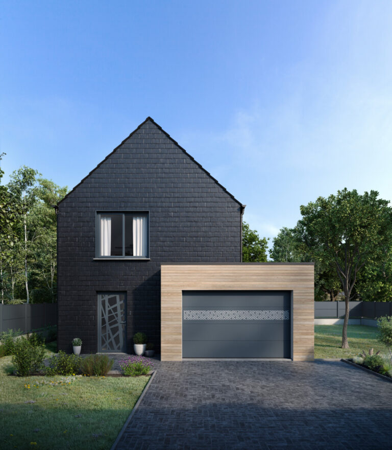 Porte de garage sectionnelle moderne à Thionville, conçue sur mesure en aluminium thermolaqué.