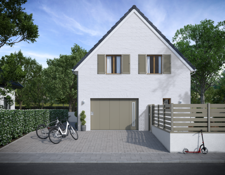 Porte de garage sectionnelle latérale beige avec hublot vertical, Metzger, Meuse