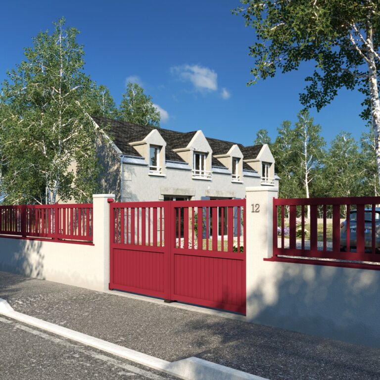Portail battant aluminium rouge avec lames barreaudées pour maison traditionnelle, Metzger en Lorraine